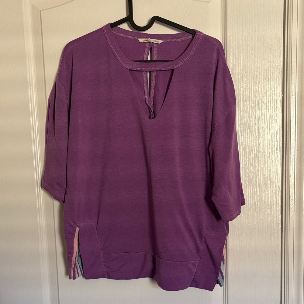 C&C California Purple V-Neck Drop Shoulder Keyhole and Stripe Detail Top/Blouse